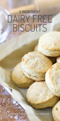 a plate full of biscuits with text overlay reading 5 ingredient dairy - free biscuits