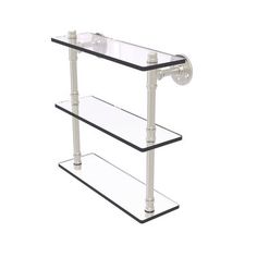 three tiered glass shelf with metal pipes