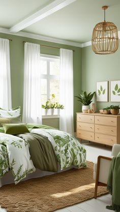 a bedroom with green and white bedding in front of a large window, potted plants on the dresser