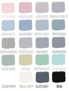 the color chart for different shades of gray, blue, pink, and white paint