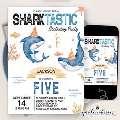 a shark birthday party flyer with an iphone