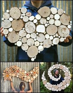 two pictures with the words love made out of wood slices and one is holding a heart shaped cutout