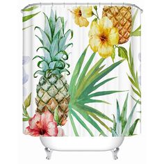 a shower curtain with tropical flowers and pineapples on the outside, in front of a white background