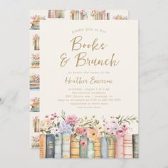 a wedding card with books and flowers on it