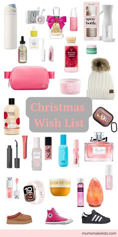 christmas wish list with lots of items in pink, white and grey colors on the bottom