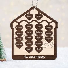 a wooden ornament with the names of family on it and a christmas tree in the background