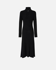 Women's long dress in soft, ribbed knit wool- and cashmere-blend fabric. This slim-fitting piece with high neck and long sleeves features a slightly flared skirt that flows elegantly down the sides, accentuating the figure in a very feminine way. The dress is comfortable and original, partly due to the cuffs customised with contrasting edging and a logo-branded label. Womens Long Dresses, Calf Length Skirts, Mid Dresses, Mid Length Dresses, Sweater Skirt, Casual Jacket, Denim Outfit, Flare Skirt, Long Skirt