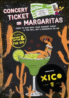 an advertisement for a concert with a woman in a cocktail glass and the words, concert ticket margaritas