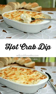 two pictures showing how to make hot crab dip