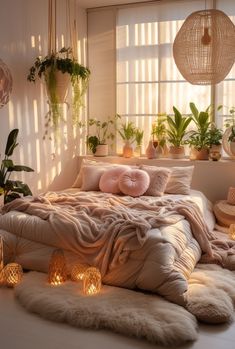 a bedroom with plants and candles on the floor