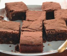 chocolate brownies cut into squares on a white plate