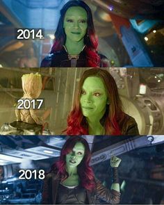 the evolution of groote from avengers to star - lord, in which she has red hair and green eyes