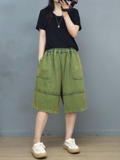 Style: Casual Material: Cotton Pattern: Solid Color Length: Half length Closure Type: Elastic Silhouette: Loose Gender: Female Season: Summer #cotton #shorts #Bermuda #flaxclothing Flax Clothing, Comfy Pants, Modest Fashion Outfits, Sweat Shorts, Long Shorts, Jeans Jumpsuit, Denim Overalls, Summer Cotton, Baggy Jeans