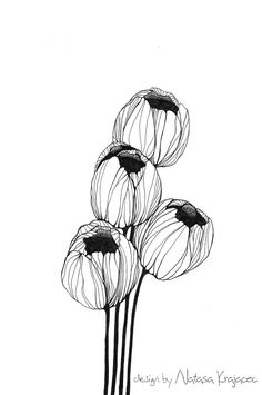 black and white drawing of three flowers on a white background with the words design by nelson krieger