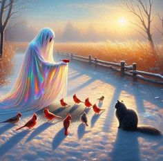 a painting of a ghost surrounded by birds and cats in the snow with one cat looking at another