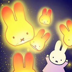 an image of some bunny rabbits in the night sky with glowing stars and bright lights