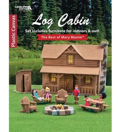 the cover of log cabin set includes miniature furniture for outdoor and indoor use, including a fire pit