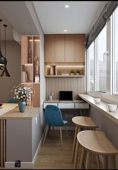 the kitchen is clean and ready to be used as a work space for two people