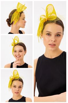 Yellow Bow Fascinator Hat with Veil & Feathers by DIVA HATS. F145GL7408. Women head accessories for weddings, routs, parties, derby. Ready-to-wear hats that respond to all the latest trends in fashion. Fascinators for women are one of the most popular dressing accessories today. This beautiful party hat for women will surely draw a lot of attention during special events. Extravagant hat for a wedding party, a derby, or a weekly tea party. Adjustable Summer Ceremony Headpieces, Yellow Mini Hats For Church, Yellow Adjustable Fascinator Hat, Yellow Headband Fascinator, Yellow Party Headband Costume Accessory, Yellow Hair Accessories For Summer Party, Adjustable Yellow Headpieces For Races, Yellow Fitted Headband Fascinator, Derby Fascinator