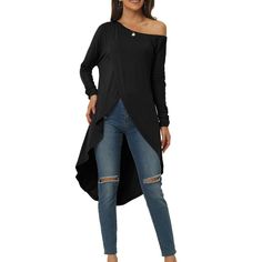 Introducing the perfect addition to your wardrobe - the long-sleeved asymmetrical irregular hem top for spring and fall. This versatile top matches perfectly with any pants, high-waist jeans, leggings, and shoes like sandals or heels. It's the ideal choice for both day and evening occasions, adding a touch of elegance and style to any outfit. The off-shoulder and asymmetrical hem details add a bit of charm, making it a must-have for any fashion-forward individual. Don't miss out on this fashion Casual High-low Hem Blouse For Fall, Chic Blouse With Curved Hem For Spring, Chic Spring Blouse With Curved Hem, Casual Fall Blouse With Asymmetrical Hem, Fall Tops For Layering With Asymmetrical Hem, Fall Tops With Asymmetrical Hem For Layering, Fall Layering Tops With Asymmetrical Hem, Spring Stretch Blouse With Asymmetrical Hem, Casual Asymmetrical Top For Fall