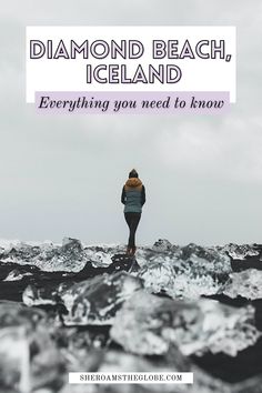 A person standing on a black sand beach. All across the sand is jagged blocks of ice that look like diamonds. Diamond Beach, Iceland Rich Travel, Iceland Packing List, Iceland Packing