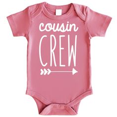 PRICES MAY VARY. 100% Cotton Pull On closure Hand Wash Only Cousin Bodysuit - This adorable Cousins Crew Arrow Bodysuit is absolutely perfect for your Baby or Toddlers outfit High quality and professional print - It doesn't just look high quality, it is high quality! Make your little one's family outfit picture perfect with this Cousins Crew Arrow Shirts and Bodysuits for Baby and Toddler Outfits Designed in the USA - Olive Loves Apple, based in Phoenix, AZ knows how to celebrate your special oc Cute Pink Short Sleeve Bodysuit For Playwear, Pink Cotton Short Sleeve Bodysuit, Short Sleeve Onesie With Name Print For Playtime, Playful Short Sleeve Onesie With Letter Print, Cute Unisex Cotton Onesie, Fitted Short Sleeve Pink Bodysuit For Playwear, Playful Pink Short Sleeve Onesie, Cute Onesie With Name Print For Playtime, Playful Summer Onesie With Name Print