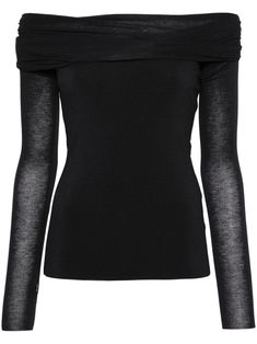 black fine knit ruched detailing gathered detailing square neck off-shoulder long sleeves thumb slots raw-cut hem Boho Lifestyle, Chanel Perfume, Black Off Shoulder, Versace Outfit, Airport Fashion, Flat Boots, Fashion Fits, Airport Style, Off Shoulder Tops