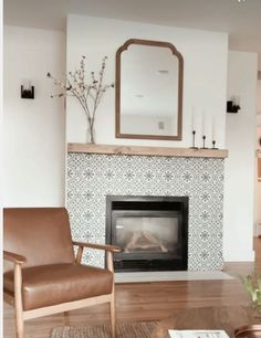 a living room with a fireplace, chair and mirror