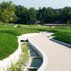 a curved walkway with water running through it in the middle of a grassy park area