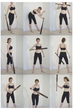 the woman is doing different poses with her baseball bat