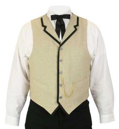 This versatile vest features black satin accent trim, high lapels, a pointed front, and row of silver-tone buttons punctuating the front. Two handy inset pockets at the waist. This vest is fashioned from 65% cotton, 30% polyester and 5% linen and features a full self back with adjuster belt. Imported. Dry clean only. Available in sizes S-3X. Accent Trim, Frock Coat