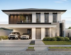 two cars are parked in front of a modern house with white and black exteriors