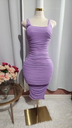 Look your best in this stunning lavender midi dress! This eye-catching piece features a flattering bodycon fit, sleeveless , and signature side ruche detail. Perfect for date nights, cocktail events, or an evening out on the town - make a statement in this elegant Lavander dress! 95% Polyester 5% Spandex fabric blend Model details Height 5'5 Bust: 36 / Waist: 30 / Hips: 41 Wearing L Purple Fitted Bodycon Dress With Spaghetti Straps, Purple Fitted Strapless Midi Dress, Purple Strapless Evening Bodycon Dress, Evening Purple Strapless Bodycon Dress, Strapless Purple Bodycon Evening Dress, Evening Strapless Purple Bodycon Dress, Purple Spaghetti Strap Midi Dress, Purple Spaghetti Strap Bodycon Evening Dress, Purple Bodycon Dress With Spaghetti Straps For Evening