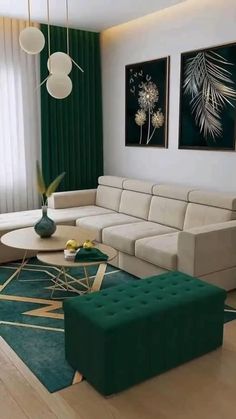 a living room with green and white decor