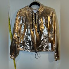 New Gold Crop Rain Zipper Front Jacket Slicker Jacket Activewear Size: Medium (7-9) Color: Gold Casual Hooded Metallic Outerwear, Casual Metallic Outerwear For Fall, Gold Long Sleeve Outerwear For Streetwear, Trendy Fall Hooded Track Jacket, Metallic Long Sleeve Outerwear For Streetwear, Gold Hooded Winter Outerwear, Plaid Hoodie, Skull Sweater, Fluffy Jacket