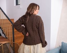 "MATERIAL : 2 strands of 100 % alpaca yarn COLOUR : Brown ( There may be a slight difference because of the different monitors' representation) ♥ In the picture the model is wearing a garment with these measurements : A: ( Body Length) : 30 \" / 76 cm B: (Chest width) : 19.7 \" / 50 cm C : (Sleeve from armpit) : 24 \" / 61 cm D: (Neck unrolled) : They are taken with the item laid flat and not streched. ♥ For choosing your size please look at size chart in our listing pictures. Please check caref Fall Mohair Cable Knit Sweater, Alpaca Crew Neck Sweater In Chunky Knit, Alpaca Crew Neck Sweater With Chunky Knit, Alpaca Chunky Knit Crew Neck Sweater, Alpaca Turtleneck Sweater For Fall, Knitted Alpaca Sweater For Fall, Cozy Brown Merino Wool Sweater, Cozy Alpaca Cable Knit Sweater, Brown Chunky Knit Crew Neck Outerwear