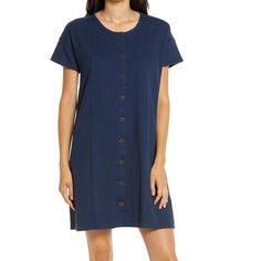 Armpit To Armpit 21” Shoulder To Hem 36” Casual Indigo Dress With Buttons, Indigo Cotton Dress With Buttons, Casual Navy Button-up Dress, Navy Casual Dress With Buttons, Relaxed Fit Denim Dress With Buttons For Daywear, Navy Cotton Dress With Buttons, Cotton Dresses With Snap Buttons For Work, Cotton Workwear Dresses With Snap Buttons, Cotton Dresses With Snap Buttons And Short Sleeves