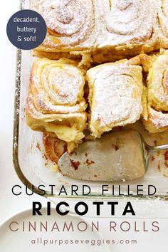 custard filled ricotta cinnamon rolls in a baking dish