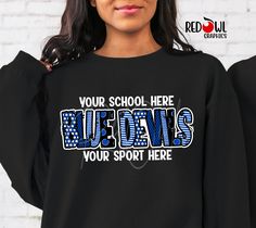 Personalized Blue Devils School Spirit T-Shirt Crewneck, Hoodie Hooded Sweatshirt Football, Baseball, Basketball, Softball, Track, Volleyball, Cross Country, Cheer, Wrestling Not all colors are available in all sizes and styles.  Please check the color and size charts in photos. We do our best to accurately represent shirt colors by using actual photos but do understand that all monitors will display differently. Please contact us prior to purchase with any questions on sizing or colors. Your purchase includes a custom imprint created specifically for your team! A product proof will be emailed to you within 1 business day.  Please keep an eye on your Etsy messages and reply with any changes within 24 hours. Your order will be sent to production after that time if no response is received. E Relaxed Fit Blue Pre-shrunk Sweatshirt, Blue Relaxed Fit Pre-shrunk Sweatshirt, Blue Crew Neck Hoodie Fan Apparel, Blue Fan Apparel Sweatshirt With Graphic Print, Blue Crew Neck Sweatshirt With Team Spirit, Blue Graphic Print Fan Apparel Sweatshirt, Blue Custom Print T-shirt For College, Blue Sporty Pre-shrunk Sweatshirt, Blue Sporty Sweatshirt