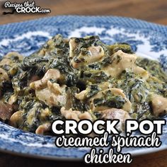 a blue and white plate topped with meat covered in sauce next to the words crock pot