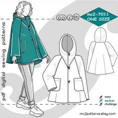 a woman's jacket and coat sewing pattern with the hood pulled up, one size