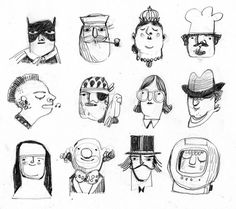 a bunch of cartoon faces drawn in black and white