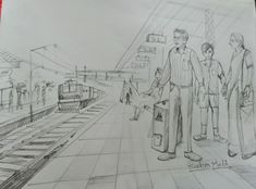 a pencil drawing of three people waiting at a train station for the subway to arrive