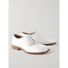 Maison Margiela Puts Its Avant-Garde Approach In Full Motion With These Split-Toe 'Tabi' Derby Shoes. They're Crafted From Textured-Leather For Even More Visual Interest. The Versatile Design Means You Can Wear Them In Formal And Casual Situations. 80% Leather 20% Various Materials White Pointed Toe Dress Shoes For Work, White Dress Shoes For Workwear In Spring, White Dress Shoes For Spring Work, White Spring Dress Shoes For Workwear, Spring White Dress Shoes For Work, White Fitted Leather Shoes With Plain Toe, Fitted White Leather Shoes With Plain Toe, White Fitted Dress Shoes With Almond Toe, White Fitted Almond Toe Dress Shoes