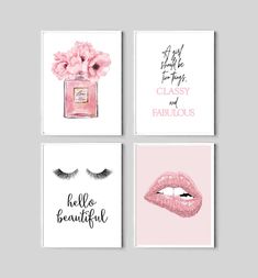 four cards with pink flowers and lipstick on them