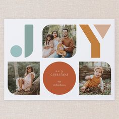 the joy christmas card is shown with four photos in orange, blue and green on it