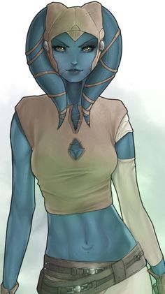 an image of a woman with blue skin and headgear wearing a costume that looks like she's from star wars