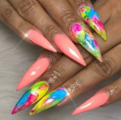 Stiletto Nails Summer Colors, Neon Stilleto Nails Designs, Neon Stilletos Nails, Neon Stiletto Nails Summer, Stiletto Nails Designs Summer, Rainbow Stiletto Nails, Summer Stiletto Nails, Funky Nail Art