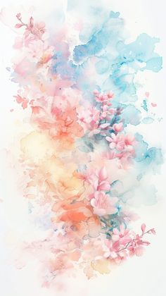 watercolor painting with pink and blue flowers on white background, abstract floral design in pastel colors