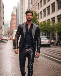 Masculine Black Leather Jacket For Work, Masculine Fitted Black Leather Jacket, Masculine Fitted Leather Jacket, Fitted Black Faux Leather Jacket, Black Formal Faux Leather Pants, Black Faux Leather Pants For Formal Occasions, Sleek Black Leather Jacket For Party, Luxury Black Leather Pants For Party, Elegant Leather Pants For Formal Occasions